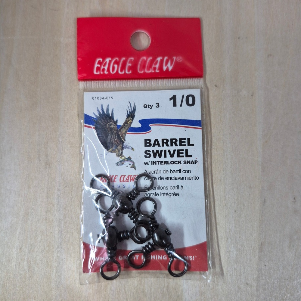Eagle‎ Claw Barrel Swivel with Interlock Snap Size 1/0 Black 3 Pack 01034-019